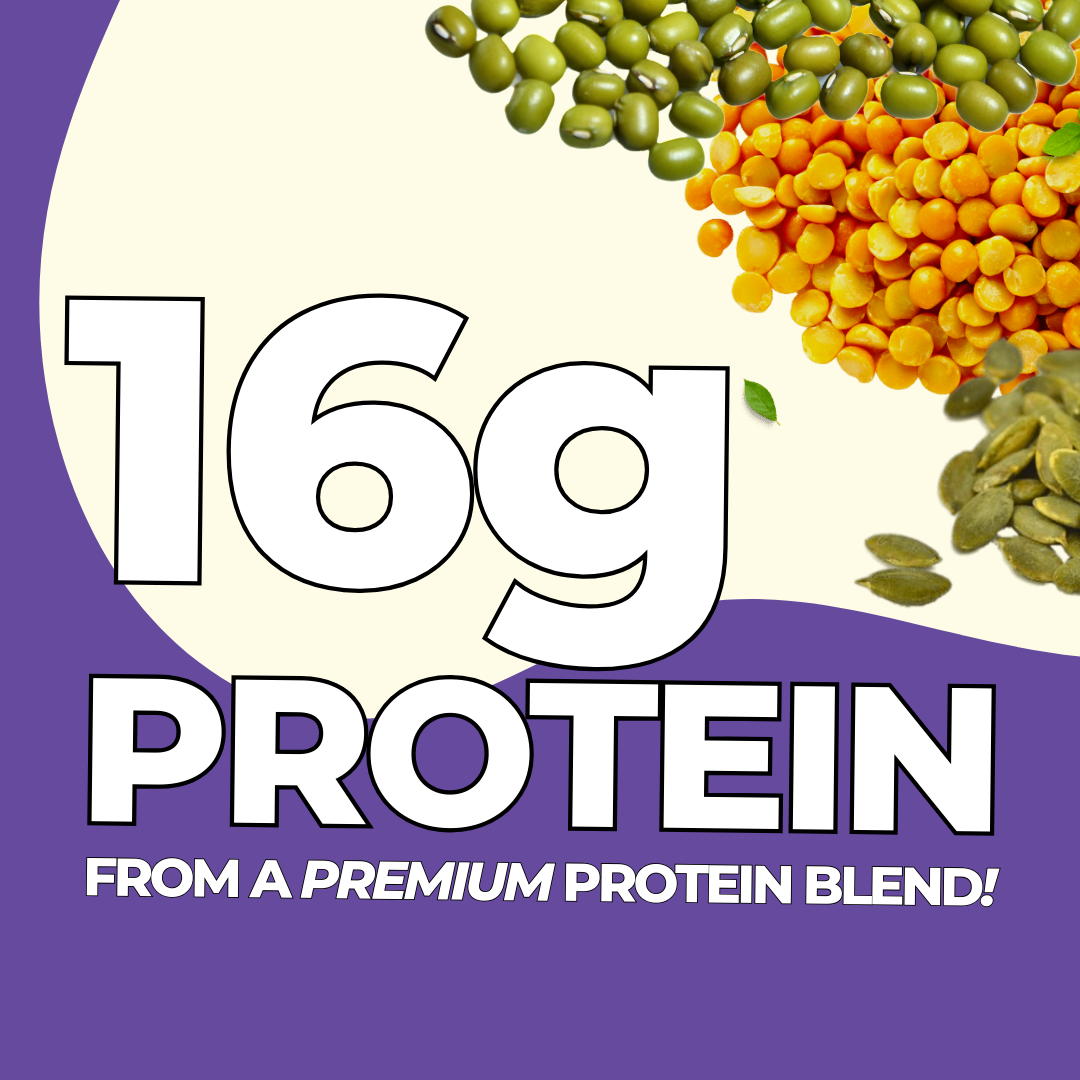 16 GRAMS OF PLANT PROTEIN. Time to think about which flavour you're going to try. That flavour should be Blueberry Muffin.