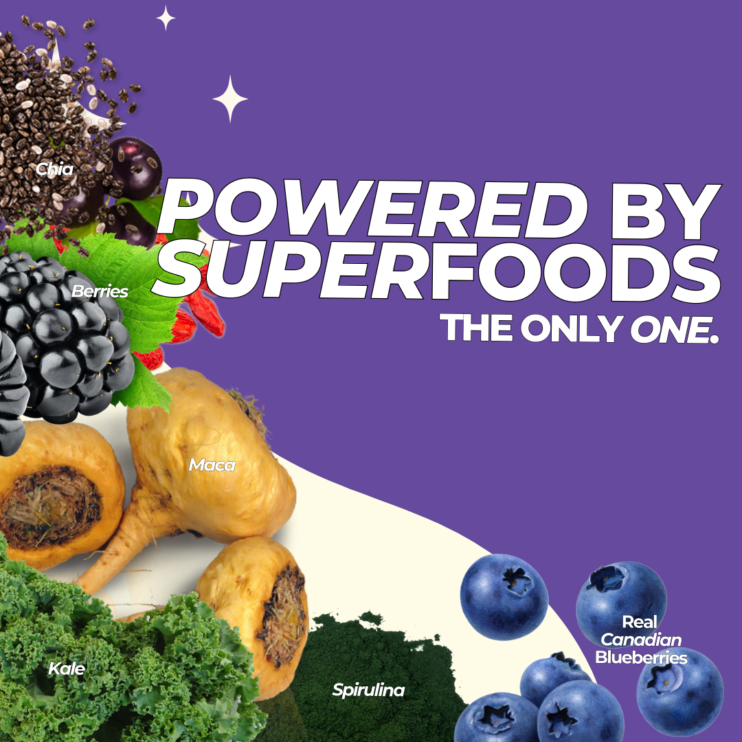 Powered by over 12 superfoods. Time to think about which flavour you're going to try. That flavour should be Blueberry Muffin.