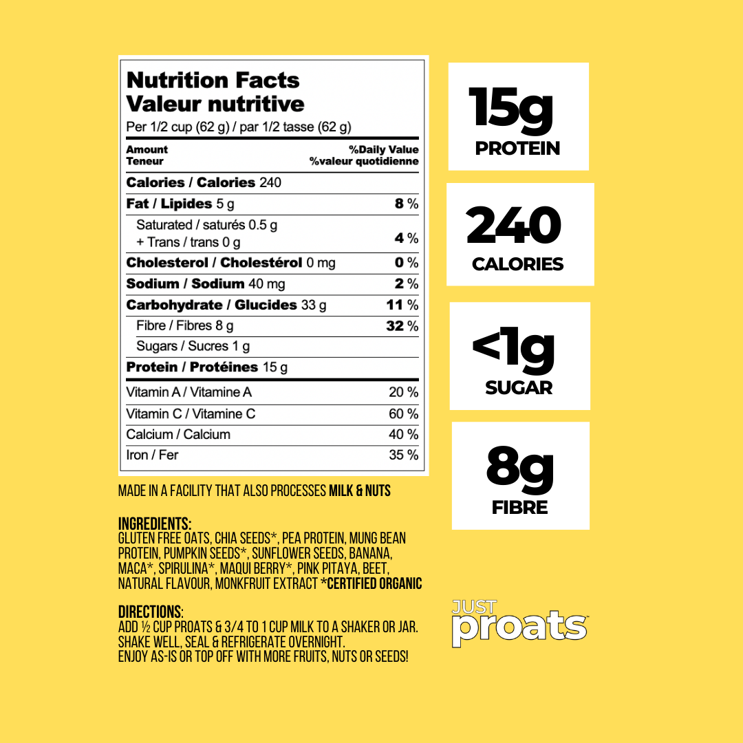 Nutrition facts label for lemon meringue pie proats and product details on a yellow background