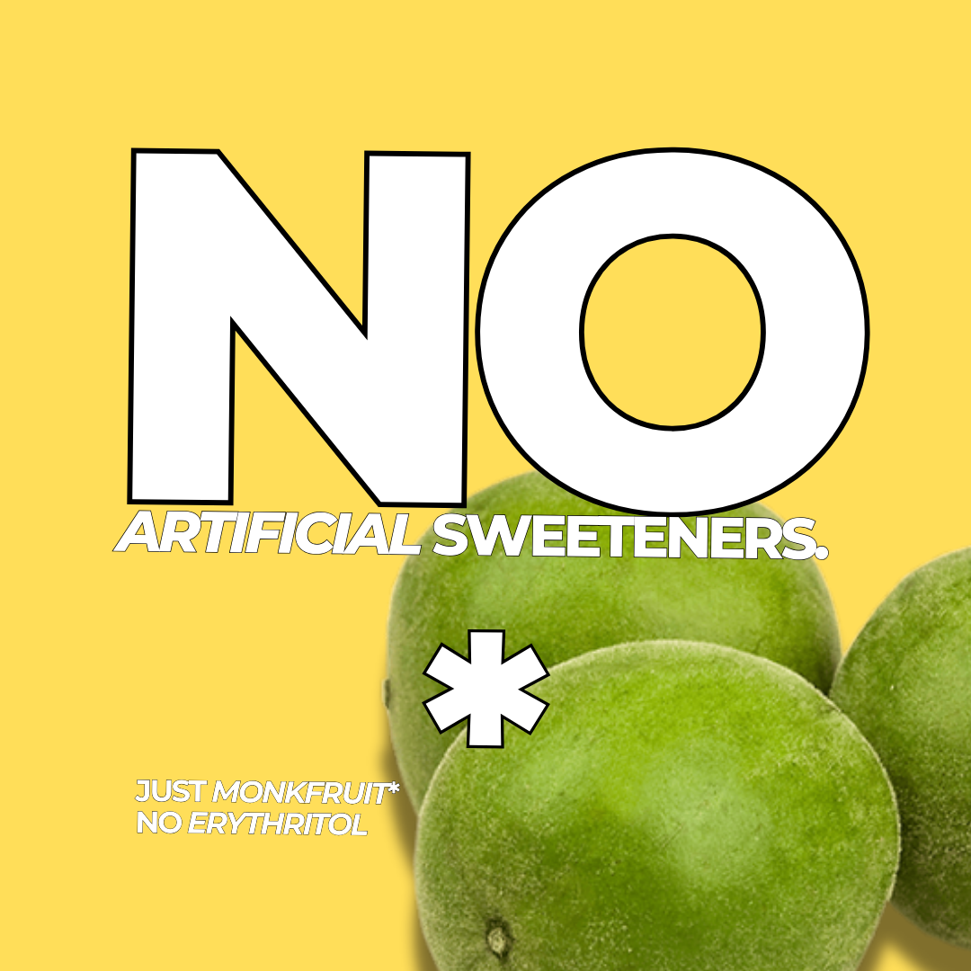 Monkfruit on a yellow background with text about NO artificial sweeteners
