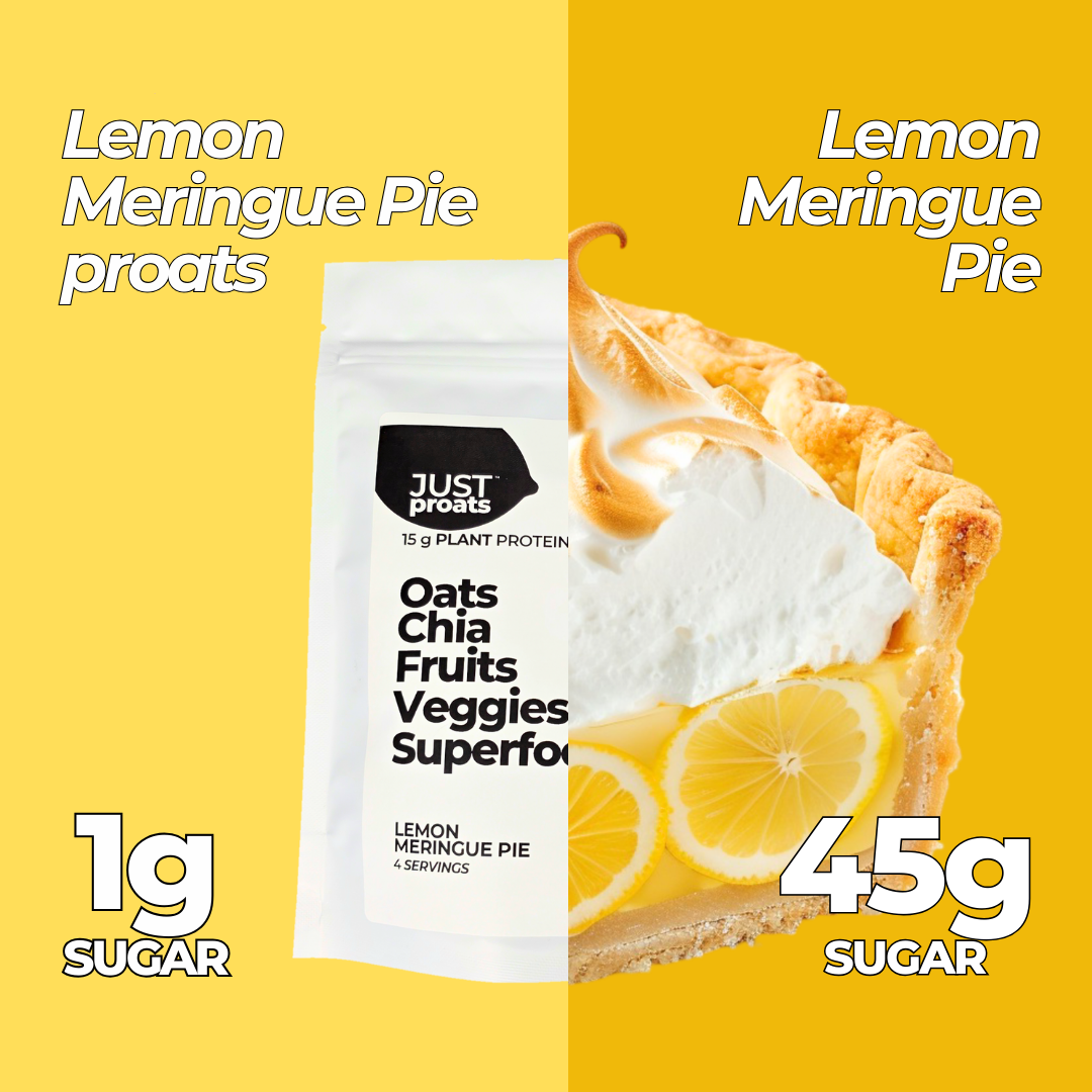 Just Proats Lemon Meringue Pie protein package with pie illustration and nutritional information on a yellow background