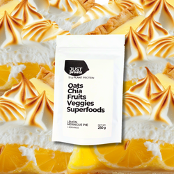 Just Proats package with lemon meringue pie background