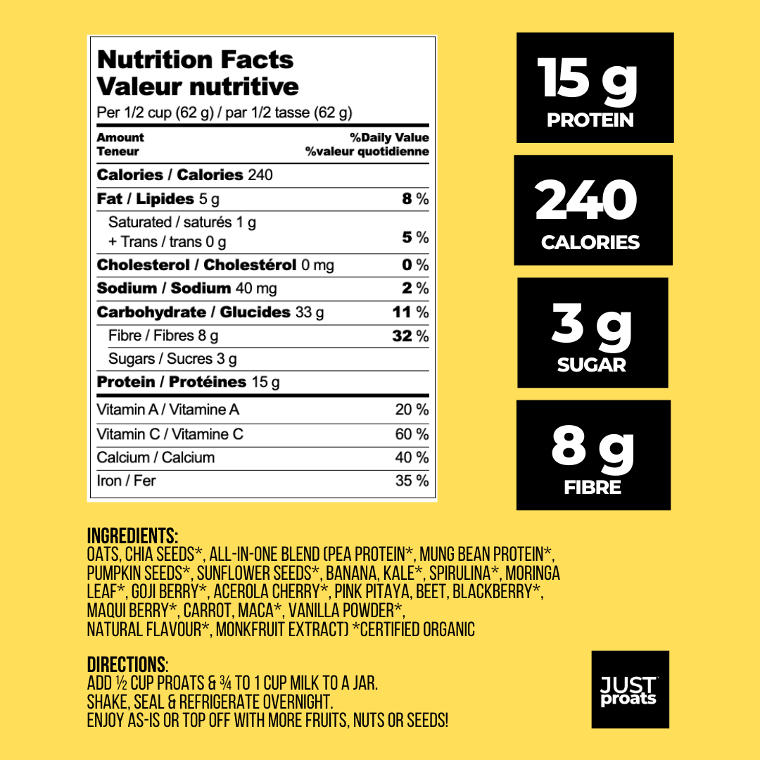 Is it banana bread? Is it a banana cream pie? Not sure, but this has to be the first time you've tried it in protein oats. Busy professional? Fitness enthusiast? Health junkie? Or just looking to try plant based? Kickstart your day with 15g of protein from oats, chia seeds, plant protein and vitamins & minerals from freeze dried fruits, veggies & superfoods. A Healthy Breakfast Delivered to your door, just add milk.