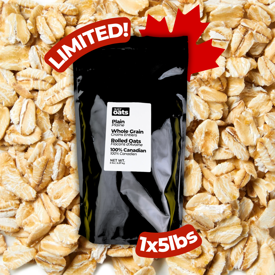 High Quality, Canadian Grown, Large Flake whole grain rolled oats in bulk right to your door. For a limited time, while quantities last.