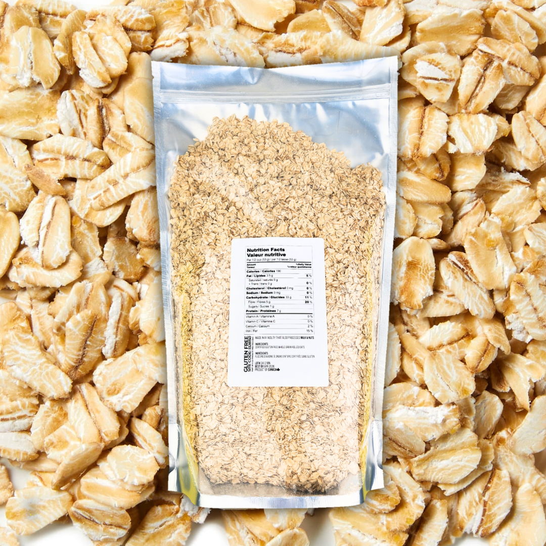 High Quality, Canadian Grown, Large Flake whole grain rolled oats in bulk right to your door. For a limited time, while quantities last.