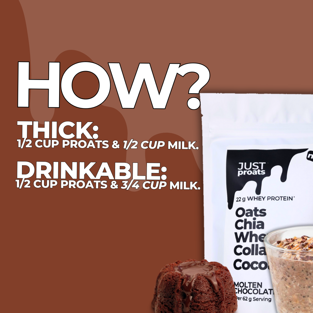 When the going gets tough, the tough get molten. Try proats in a creamy whey + collagen base because some of us still enjoy dairy. Kickstart your day with 22g of protein from oats, chia seeds, whey protein and collagen. A Healthy Breakfast Delivered to your door, just add milk.