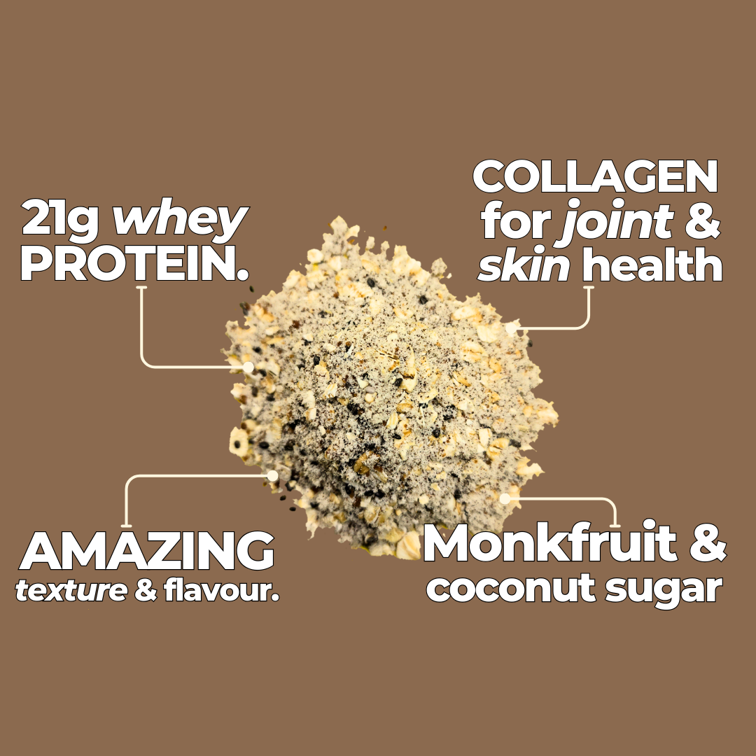 Product with text highlighting whey protein, collagen, monkfruit, and coconut sugar on a brown background