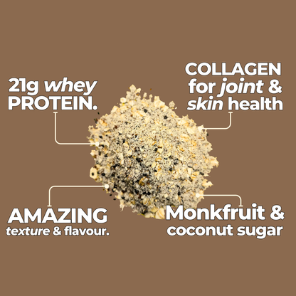 Product with text highlighting whey protein, collagen, monkfruit, and coconut sugar on a brown background