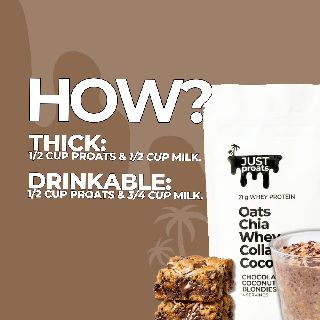 Just Proats packaging with instructions on thickening and drinking, and a stack of cookies and a bowl of the product.