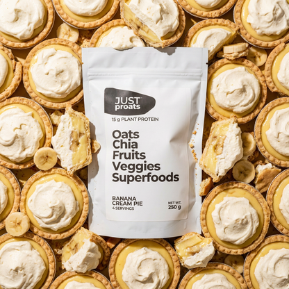 Banana Cream Pie proats. High protein overnight oats. Easy healthy breakfast.