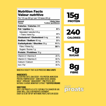 Nutrition facts label for lemon meringue pie proats and product details on a yellow background