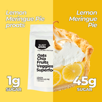 Just Proats Lemon Meringue Pie protein package with pie illustration and nutritional information on a yellow background