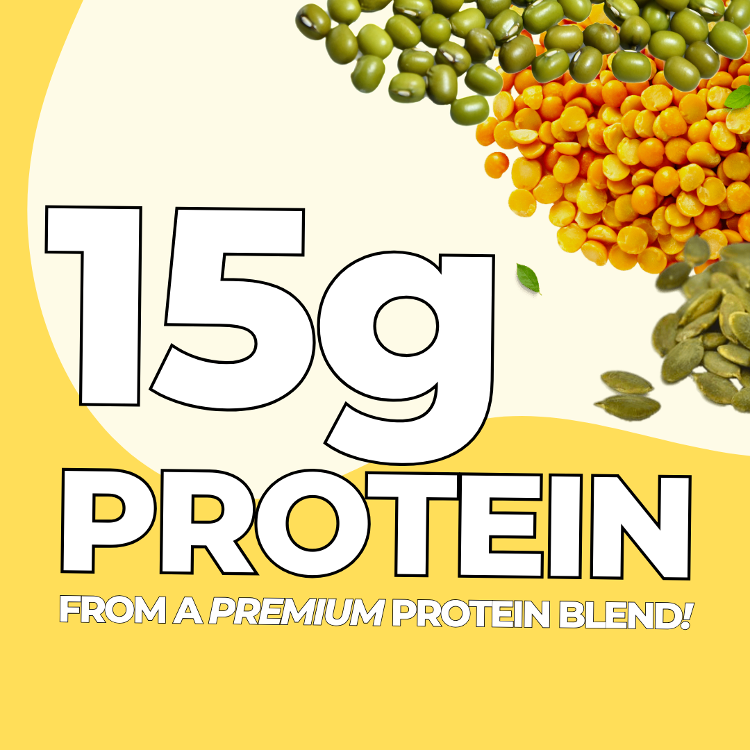 Protein-rich proats with text highlighting 15g protein from a premium blend on a yellow background