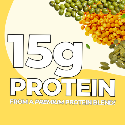 Protein-rich proats with text highlighting 15g protein from a premium blend on a yellow background