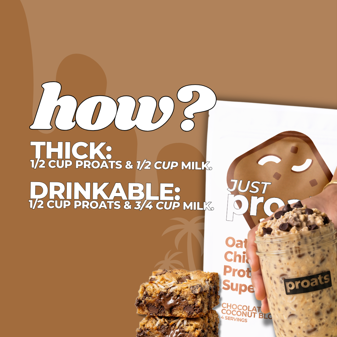 Instructional graphic showing how to make a thick or drinkable Proats protein shake, featuring text instructions, a box of oat chocolate protein powder, a stack of chocolate chip cookies, and a hand holding a prepared shake.