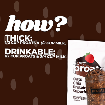 Instructional graphic showing how to prepare a Just Proats protein snack. White text on a dark brown background reads 'how?' and lists preparation instructions for 'THICK' and 'DRINKABLE' versions.