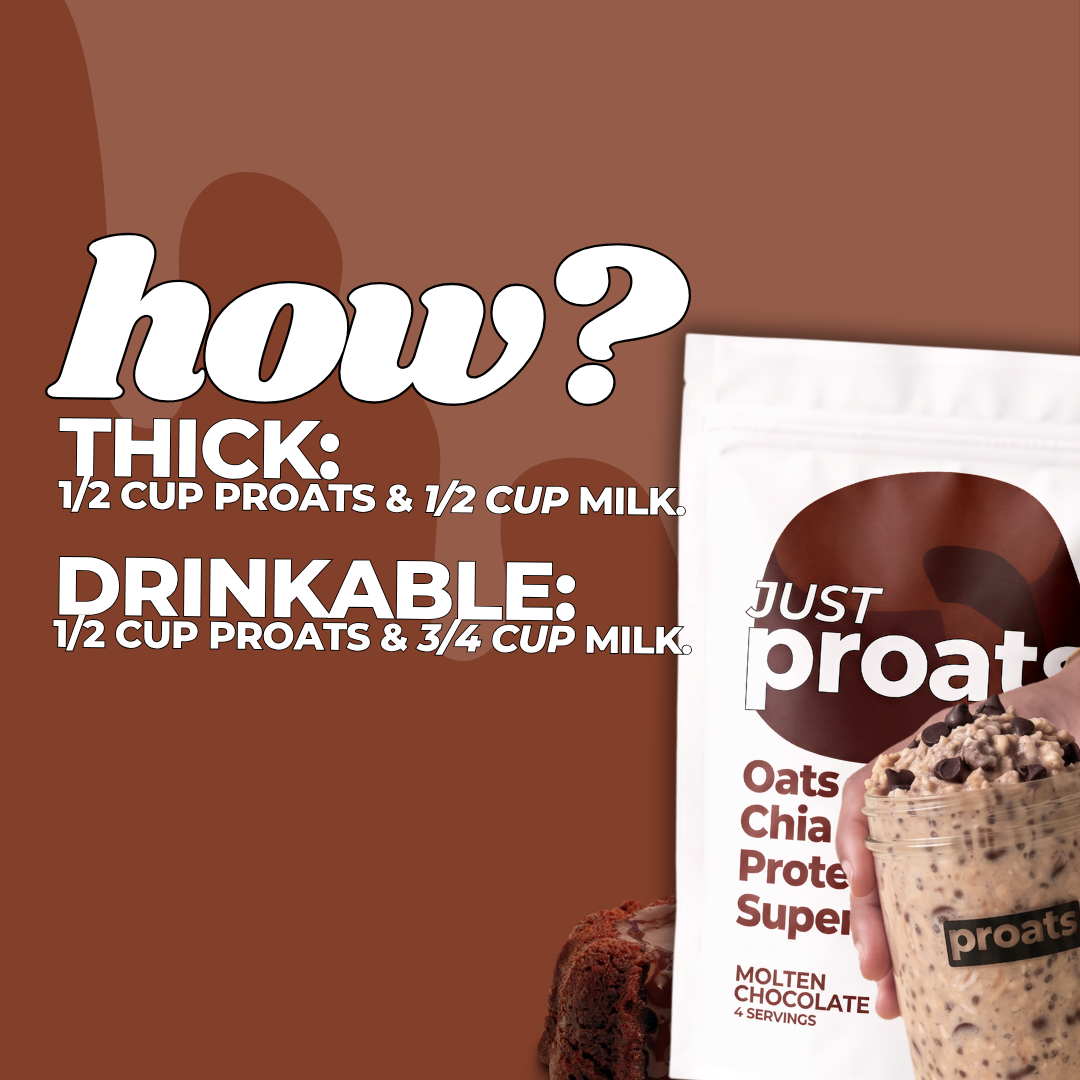 Instructional graphic showing how to make a thick or drinkable Proats protein shake, with text instructions on the left and a package of Just Proats Oats Chia Protein Super Molten Chocolate 4 Servings on the right.