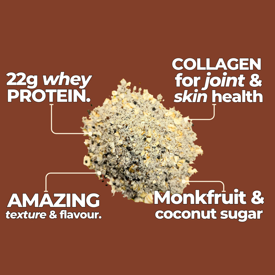 When the going gets tough, the tough get molten. Try proats in a creamy whey + collagen base because some of us still enjoy dairy. Kickstart your day with 22g of protein from oats, chia seeds, whey protein and collagen. A Healthy Breakfast Delivered to your door, just add milk.