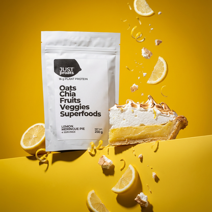 Just Proats package with lemon meringue pie background