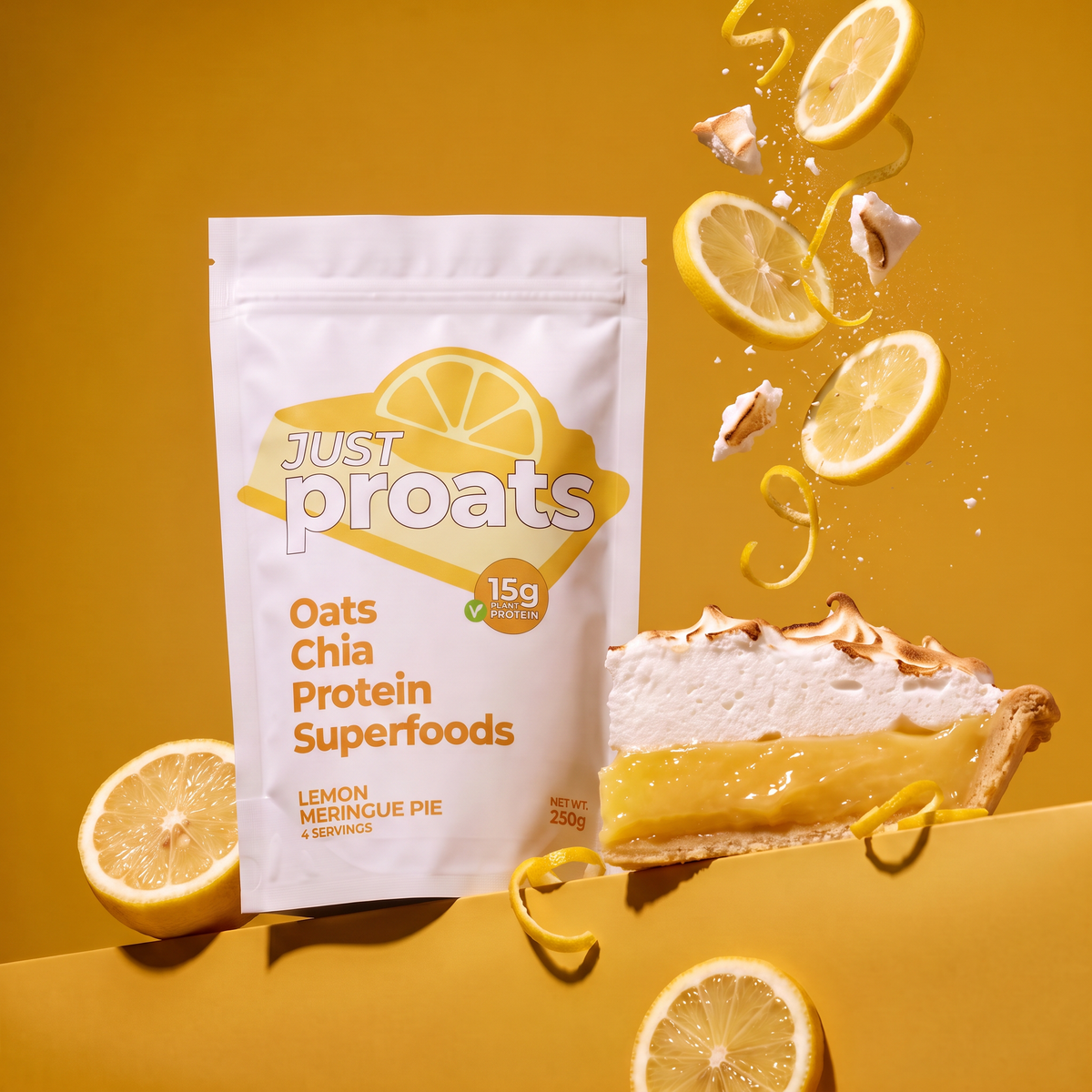A stand-up pouch of Just Proats Oats Chia Protein Superfoods in Lemon Meringue Pie flavor, shown on a warm yellow background with floating lemon slices, zest, and a slice of meringue pie with lemon filling.