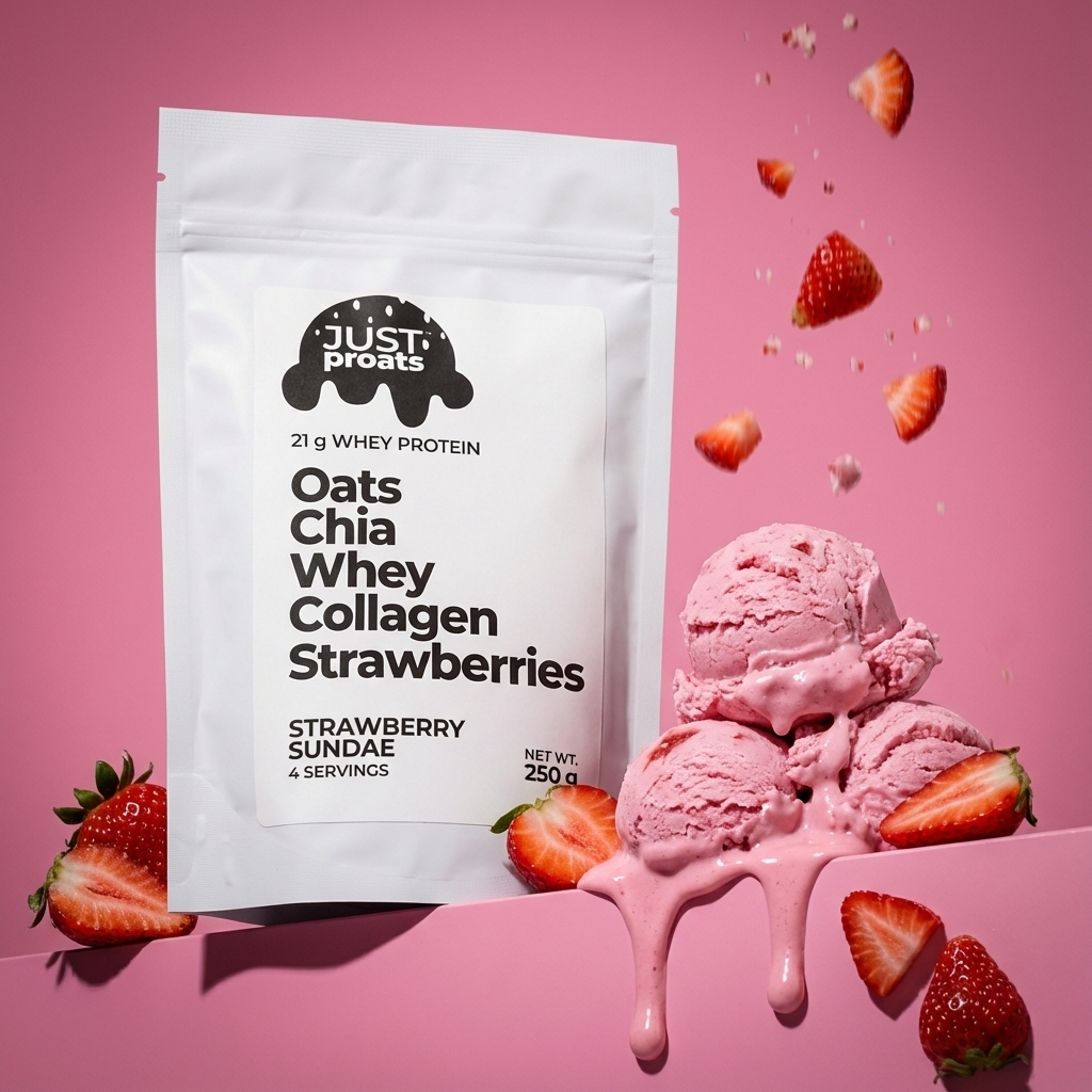 strawberry sundae proats overnight oats. Delicious High protein breakfast