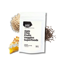 Just Proats packaging with oats, chia seeds, and superfoods on a white background