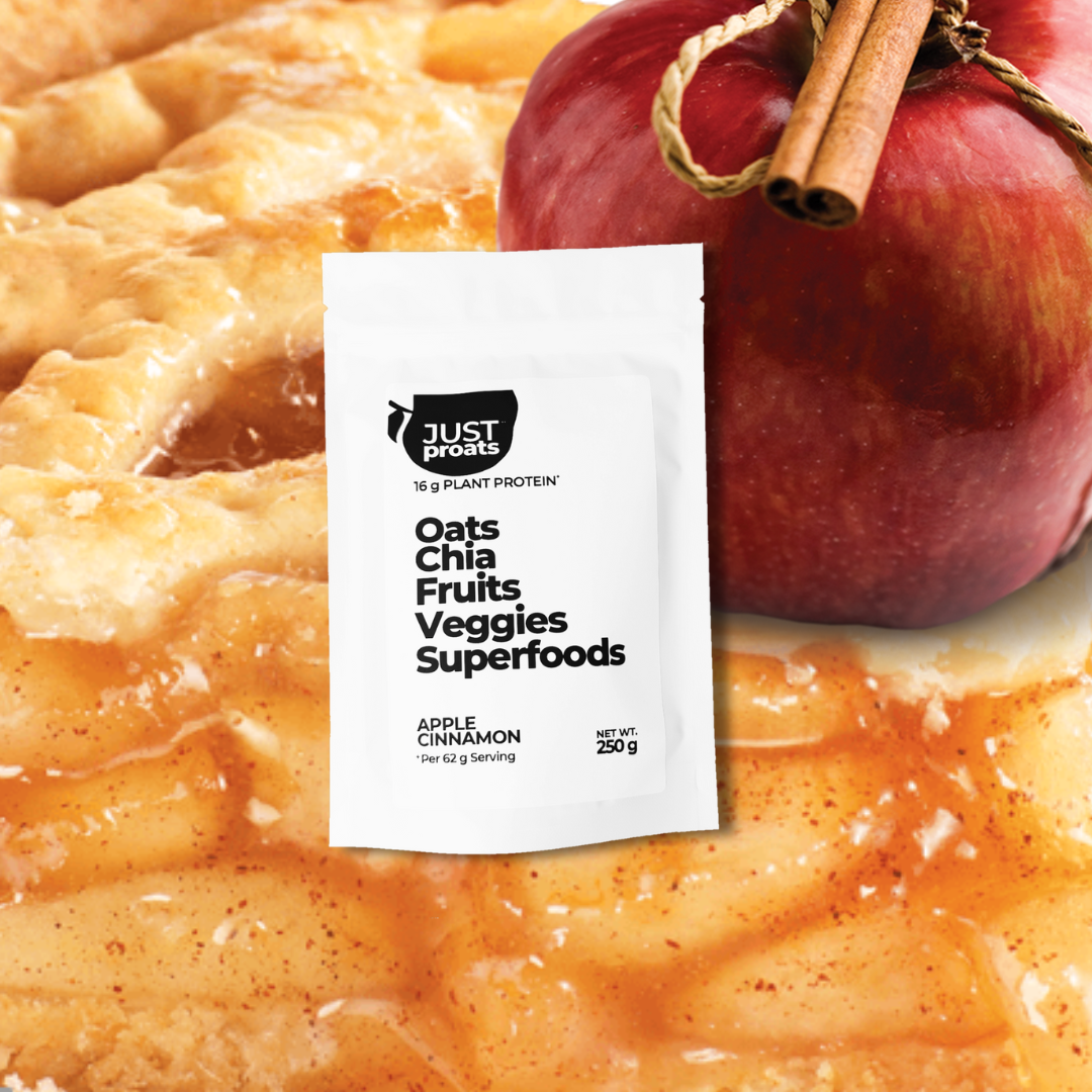 Apple pie? Crumble? Either way, there's diced apples. Proats are a delicious, high protein overnight oats mix.