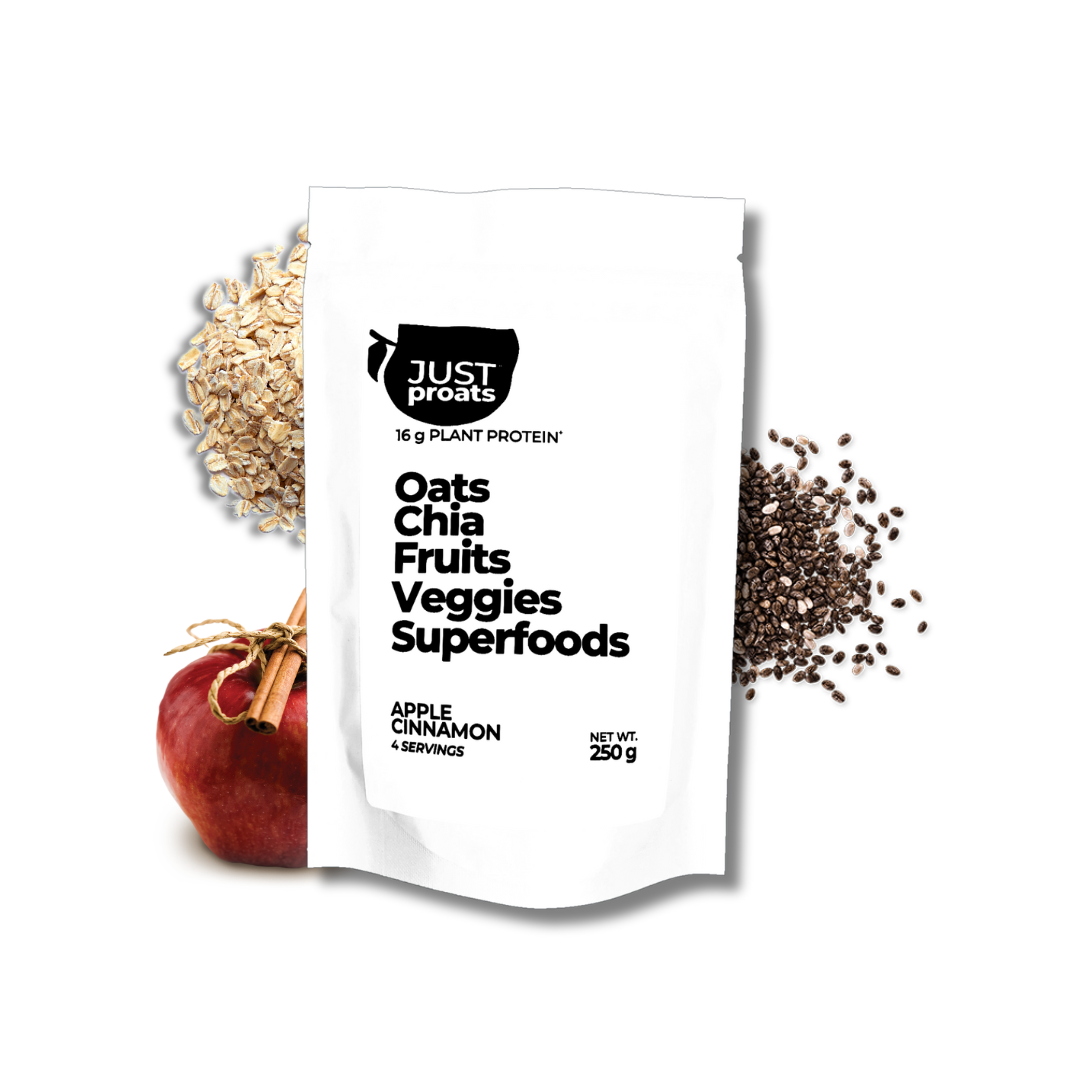 Apple pie? Crumble? Either way, there's diced apples. Proats are a delicious, high protein overnight oats mix.