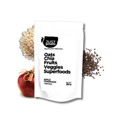 Apple pie? Crumble? Either way, there's diced apples. Proats are a delicious, high protein overnight oats mix.