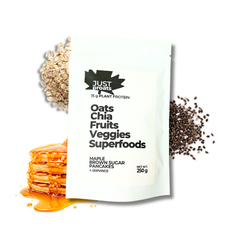 Protein powder package with oats, chia seeds, fruits, veggies, and superfoods on a white background