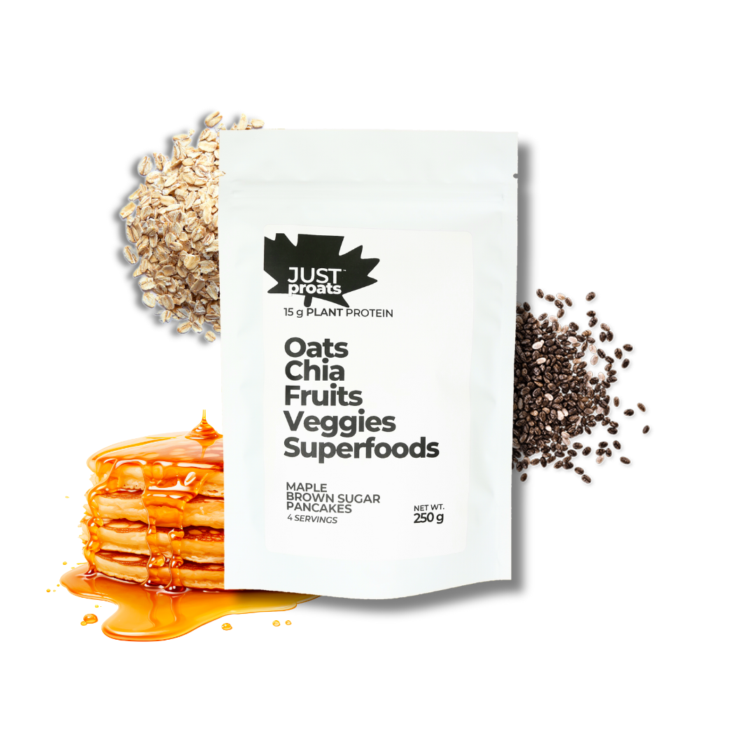 Just Proats package with oats, chia seeds, and syrup on a white background