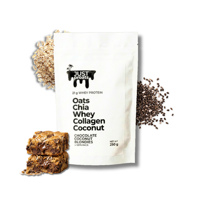 Protein oats with a package labeled 'Just Proats' on a white background