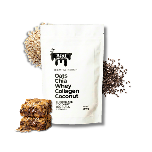 Protein oats with a package labeled 'Just Proats' on a white background