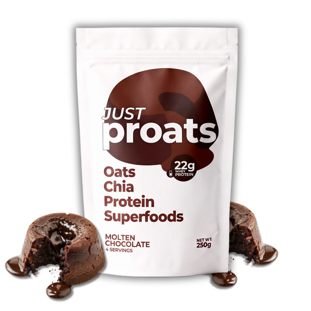 A white stand-up pouch of Just Proats Oats Chia Protein Superfoods, Molten Chocolate flavor, shown on a white background with chocolate lava cakes and melted chocolate at the base.