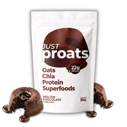 A white stand-up pouch of Just Proats Oats Chia Protein Superfoods, Molten Chocolate flavor, shown on a white background with chocolate lava cakes and melted chocolate at the base.