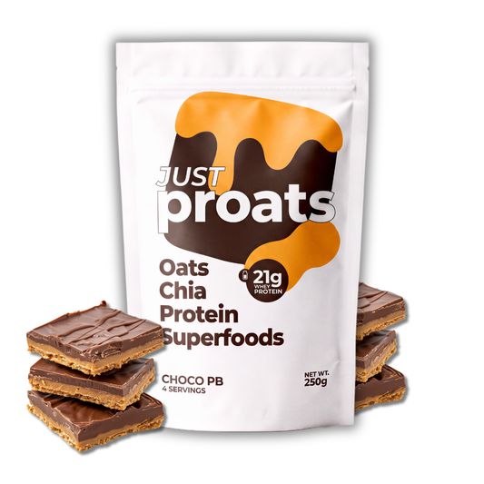 A white stand-up pouch of Just Proats Oats Chia Protein Superfoods in Choco PB flavor, shown with several chocolate protein bars in front on a clean white background.
