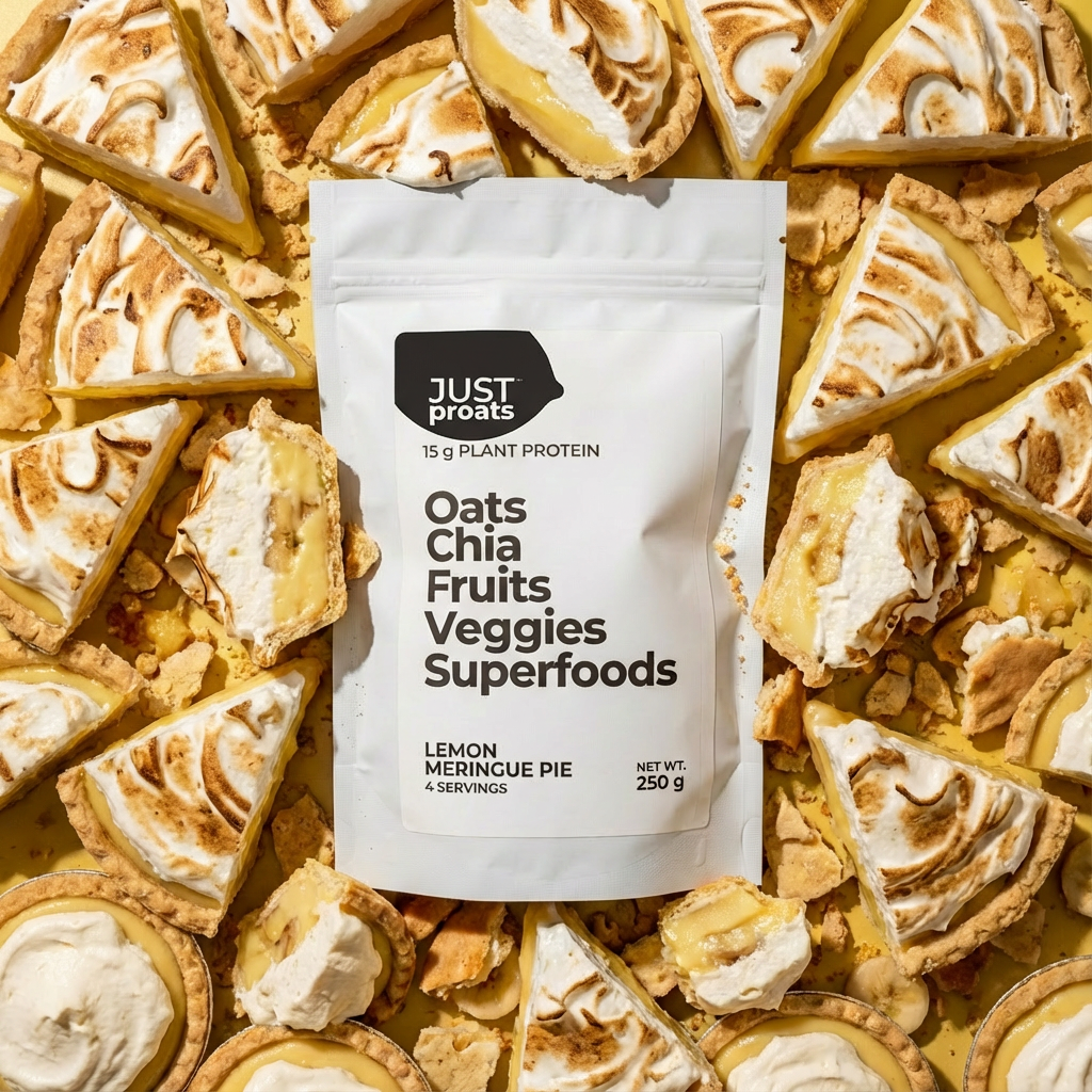 Just Proats package with lemon meringue pie background