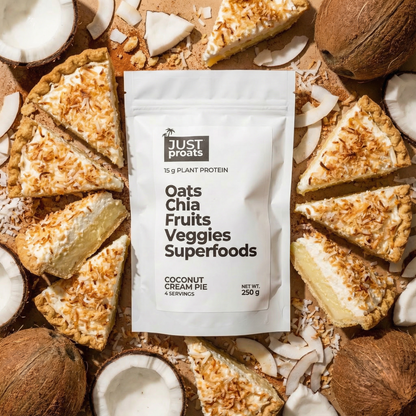 Coconut cream pie proats. High protein overnight oats breakfast.