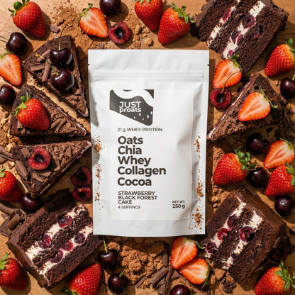 Strawberry Black Forest Cake proats. High Protein Overnight Oats. Whey Protein Isolate and Superfoods. Healthy Breakfast. 