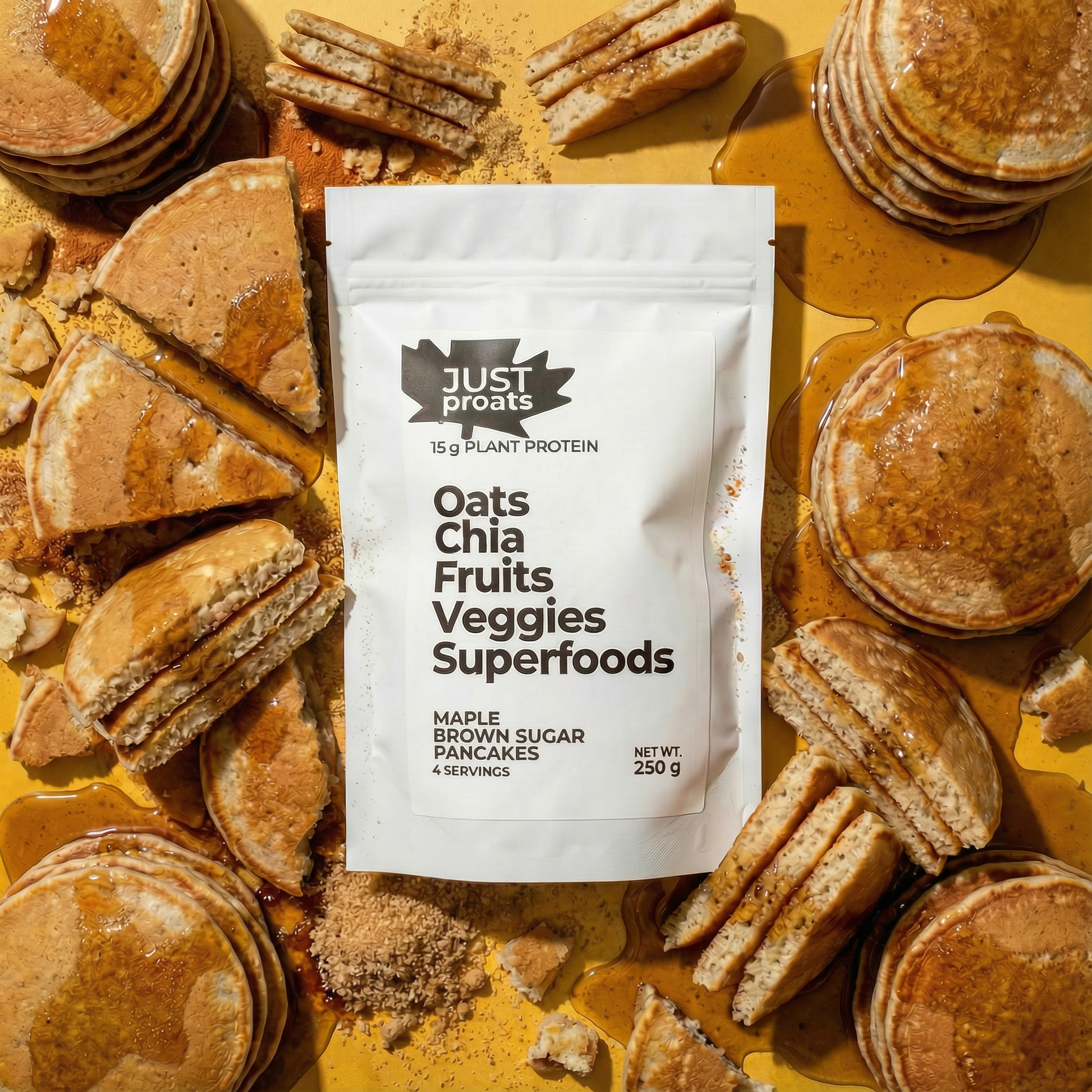 Maple Brown Sugar Pancakes proats. High Protein Overnight Oats. Plant Protein and Superfoods. Easy Healthy Breakfast. 