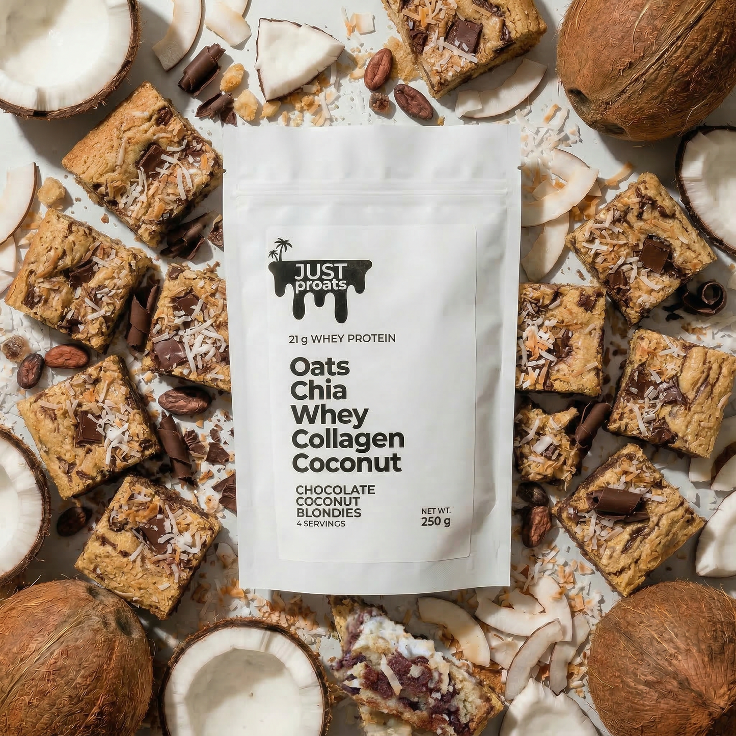 Oats Chia Whey Collagen Chocolate Coconut protein oats packaging surrounded by bars and coconuts.