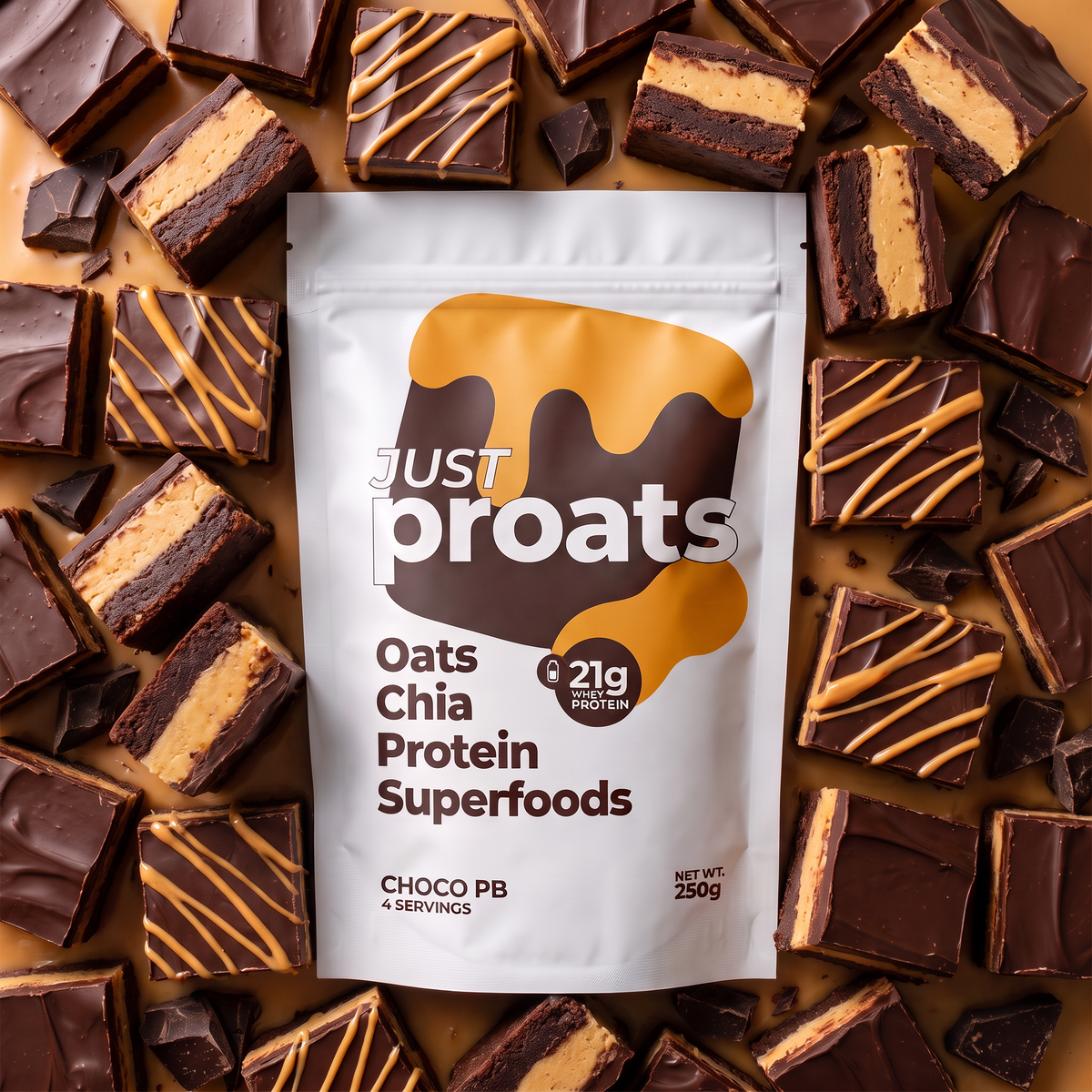 A stand-up pouch of Just Proats Oats Chia Protein Superfoods in Choco PB flavor, surrounded by chocolate protein bars with caramel drizzle on a brown background.