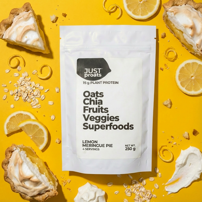 Just Proats package with lemon meringue pie background