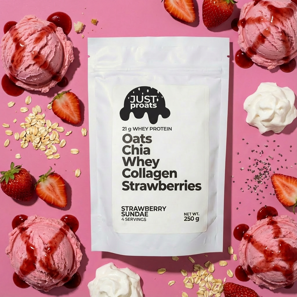 strawberry sundaeproats overnight oats. Delicious High protein breakfast