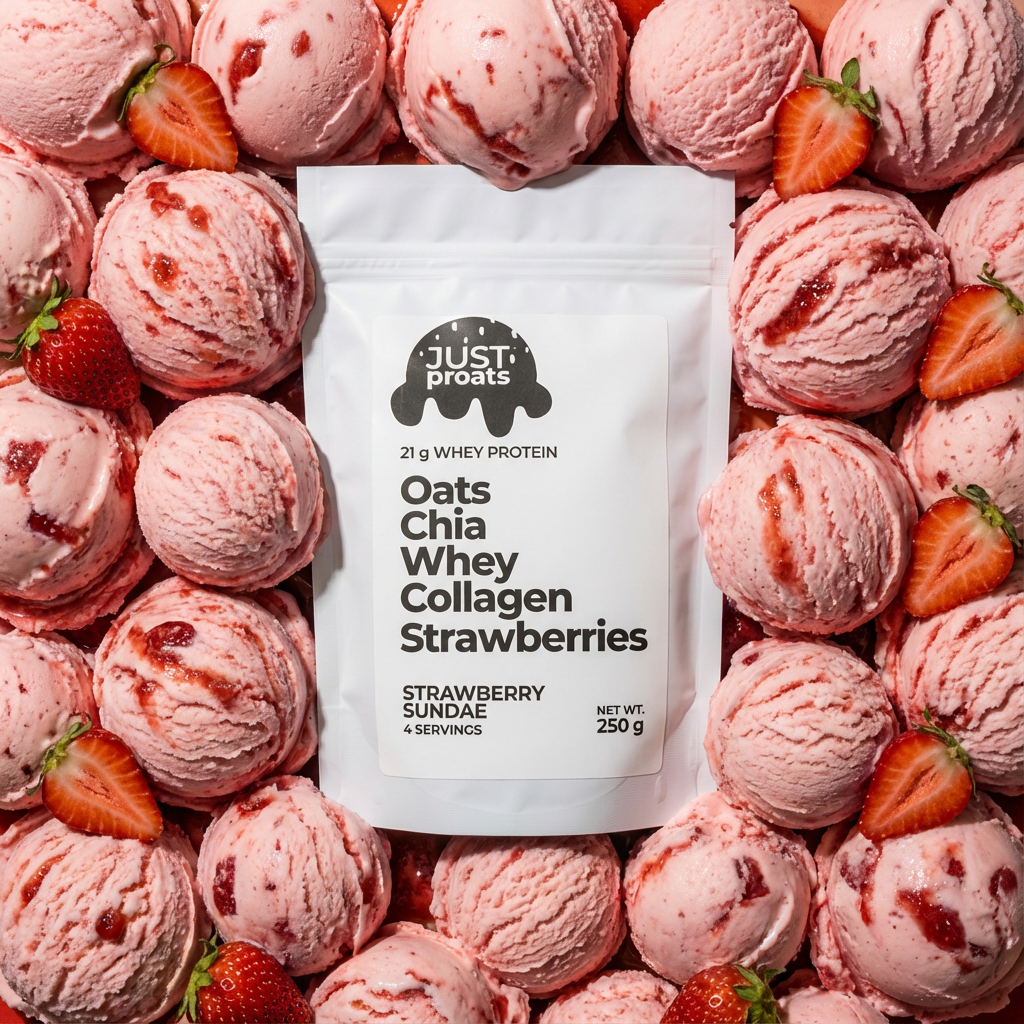 strawberry sundae proats overnight oats. Delicious High protein breakfast