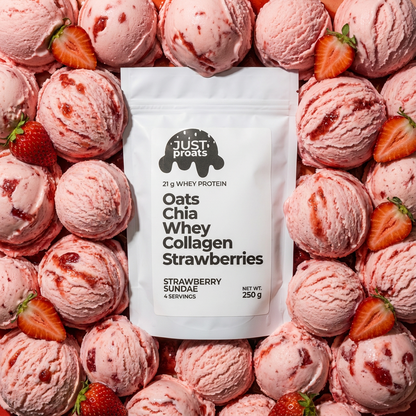 strawberry sundae proats overnight oats. Delicious High protein breakfast