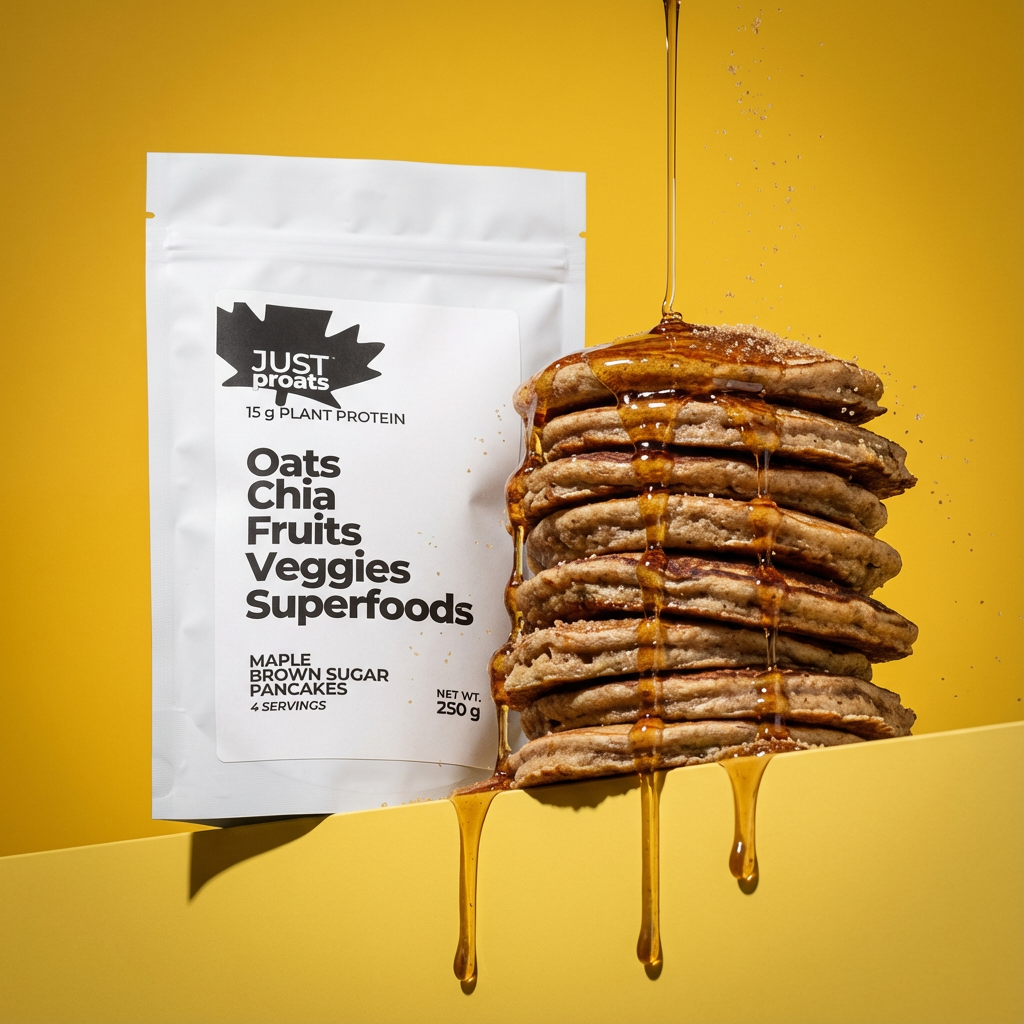 Stack of pancakes with syrup dripping next to a just proats package on a yellow background